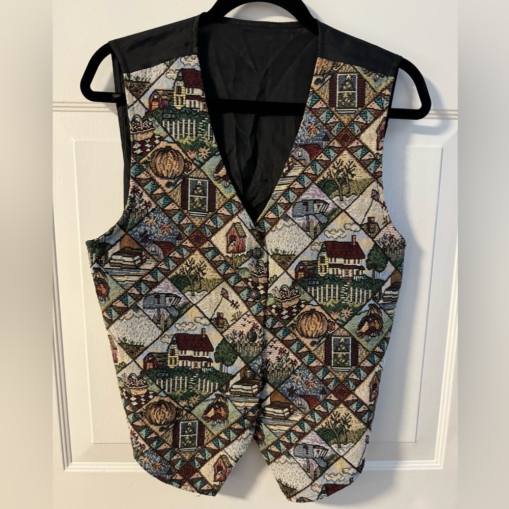 VTG Tapestry Vest  Fall Holiday Coastal Granny Teachercore Pumpkin Cottagecore